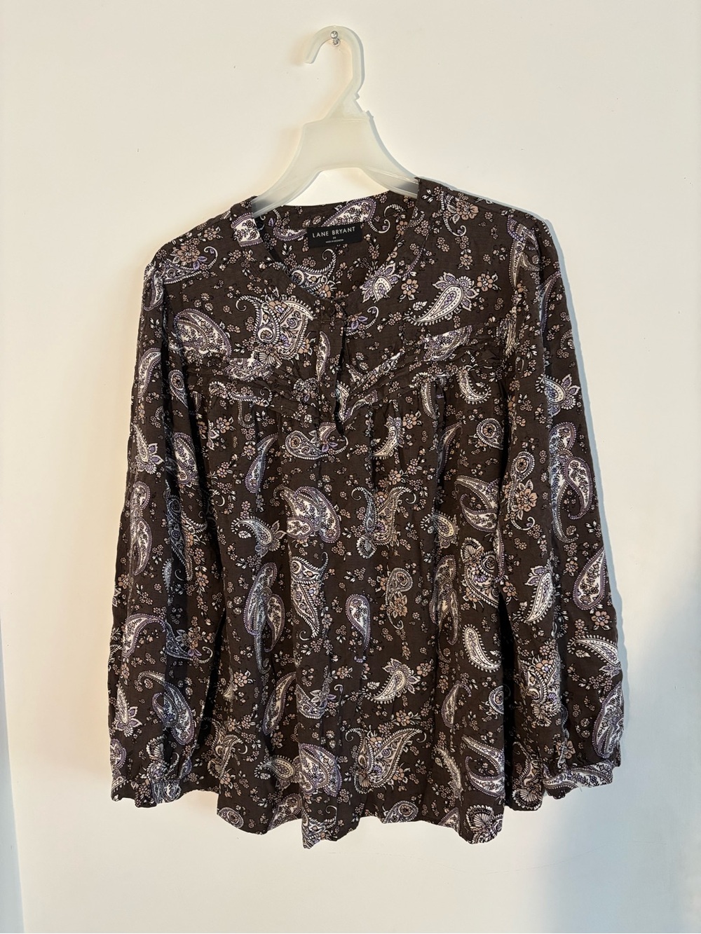 Lane Bryant Size 20 Brown Paisley Long Sleeve Blouse Button Front Plus Size